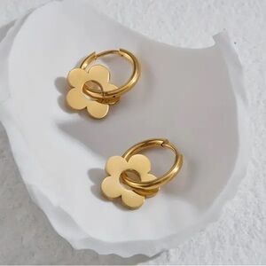 Dainty Stainless Steel Hoop Earrings with Golden Flower Design